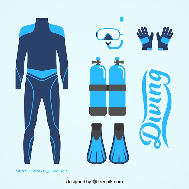 평면 디자인의 블루 잠수복 및 다이빙 요소