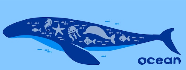 Blue whale illustration fishes underwater life algae corals colored fishes composition