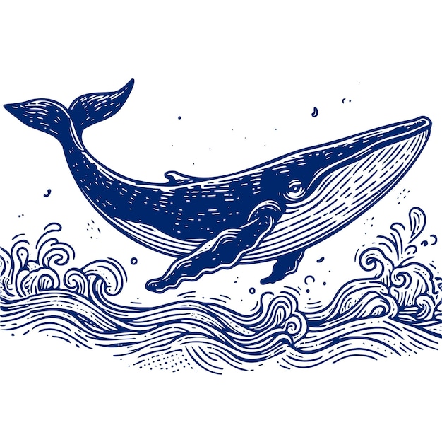 Вектор Голубой кит летит по океану.