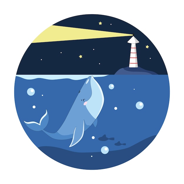 Blue whale looks at the light of a lighthouse from the sea