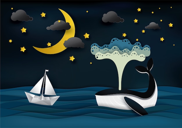 Blue whale and moon on beautiful seascape in night time, paper art and craft style.