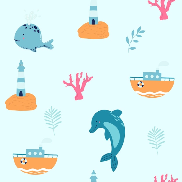 Vector blue whale with coral in the sea cute cartoon background seamless pattern