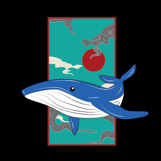 Vector blue whale with japanese style background illustration logo