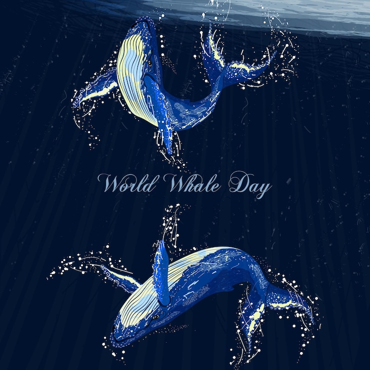 Vector blue whales postcard vector drawing world whale day oceans day