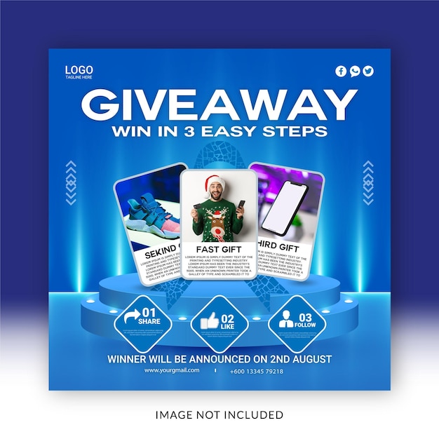 A blue and white ad for a giveaway win in 3 easy steps.