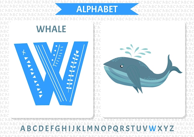 고래와 푸른 고래가 있는 파란색과 흰색 알파벳입니다.