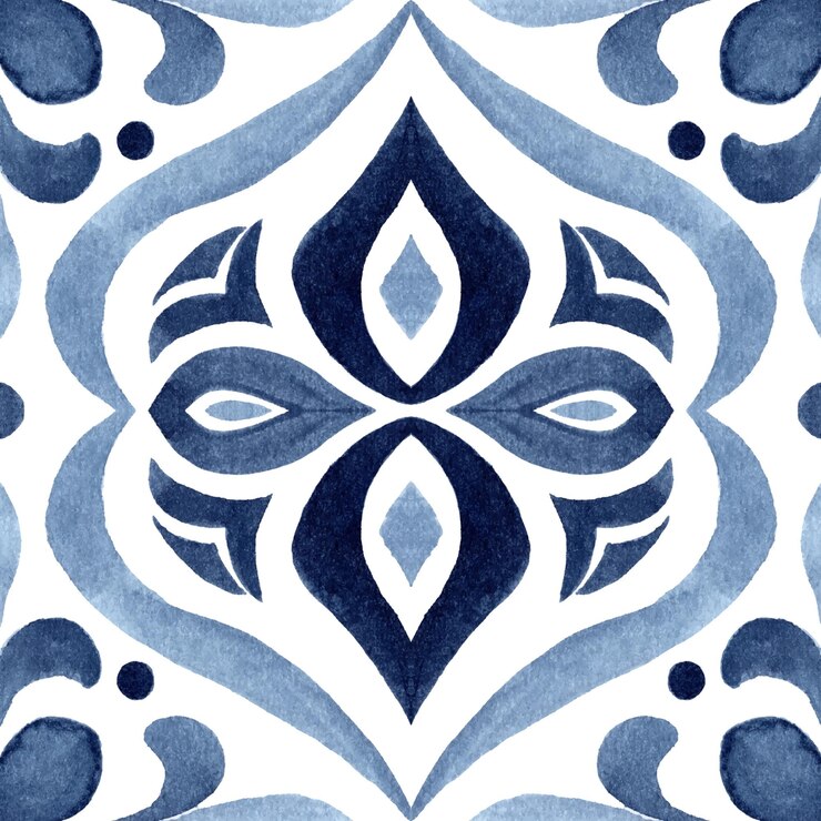 파란색과 색 Azulejos 타일 손으로 칠한 수채화 일러스트레이션 매 없는 패턴 인테리어 디자인 가정 장식 섬유 서류 및 더 많은