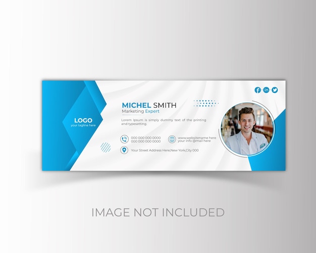 A blue and white banner for a company called michel smith