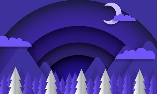 Vector blue and white beautiful night with mountain tree cloud and moon in paper style