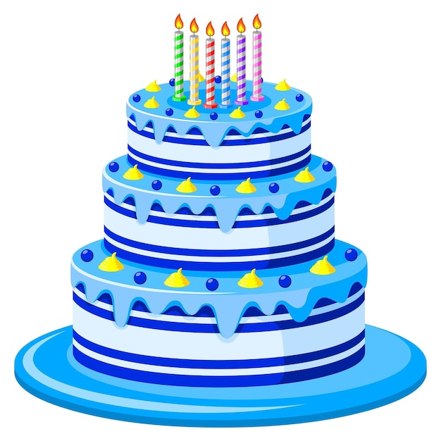 Vettore torta blu e bianca con candele su di essa design digitale