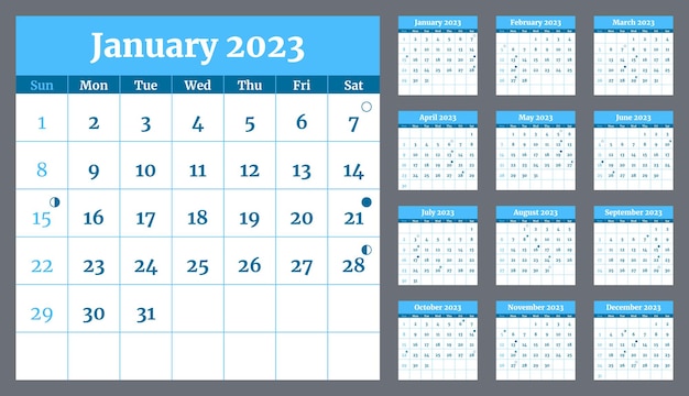 Modello di calendario 2023 blu e bianco con fasi lunari