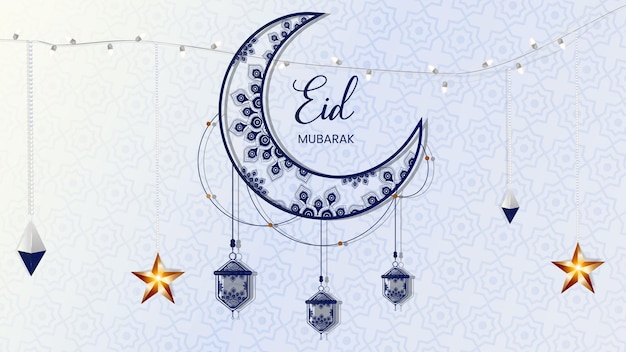 Blue and white card with eid mubarak and stars on it.