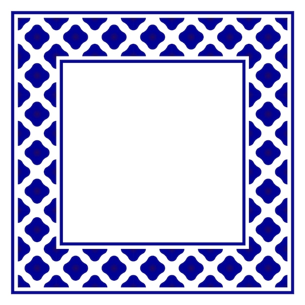 Vector blue and white ceramic decorative square frame