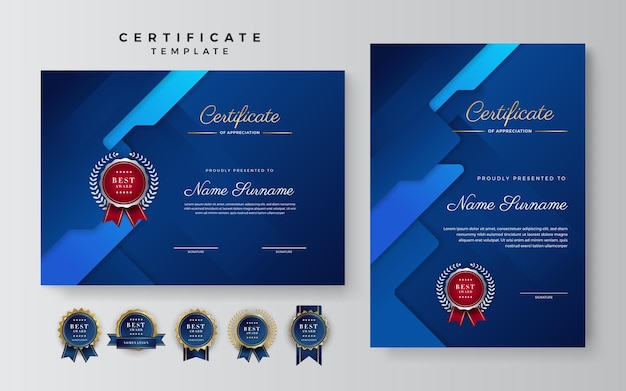 Blue and white certificate of achievement border template with luxury badge and modern line pattern for award business and education needs