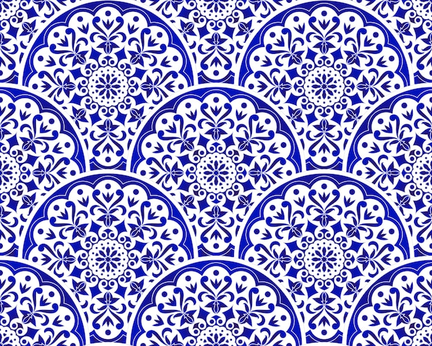 Modello cinese blu e bianco con stile patchwork scala, astratto floreale decorativo indaco mandala