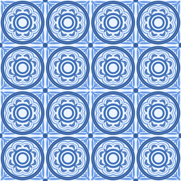 Blue and white Damask floral seamless pattern background.