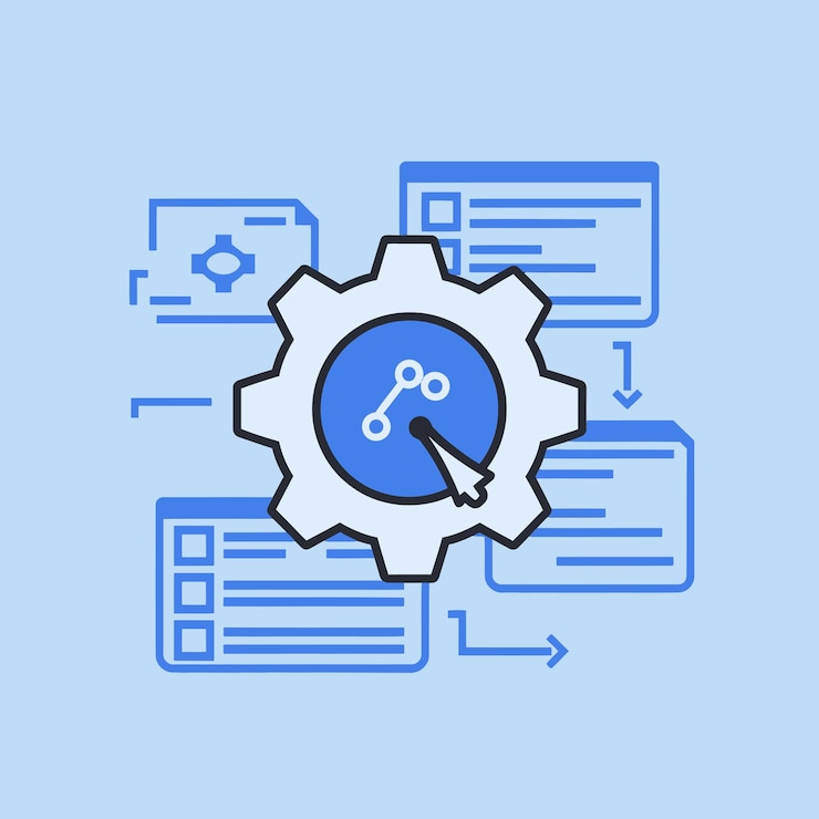 Vector a blue and white diagram of a blue magnifying glass with a blue pen in the center