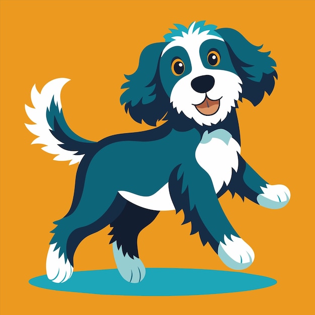 a blue and white dog is standing in front of an orange background