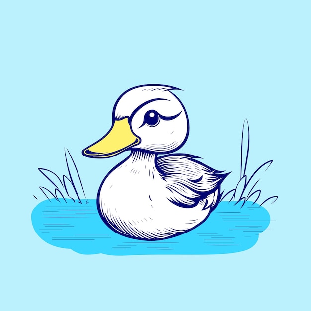 A blue and white drawing of a duck swimming in a pond.