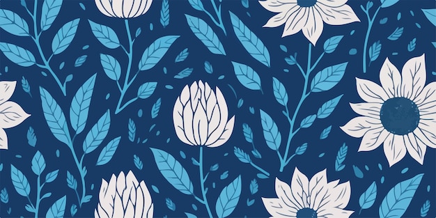 A blue and white floral pattern with leaves and flowers