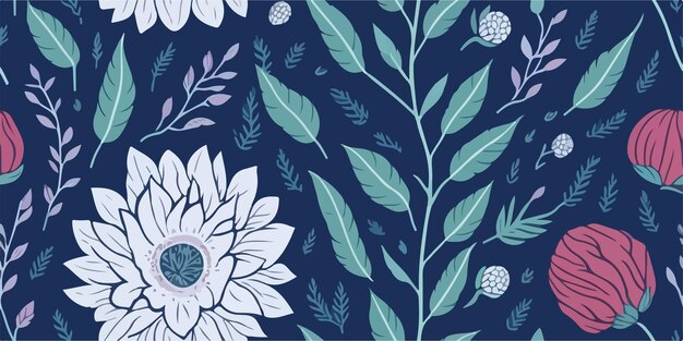 A blue and white floral pattern with a white flower and leaves