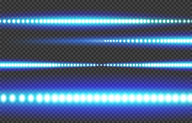 투명 한 배경에 파란색 흰색 빛나는 Led 라이트 스트립.