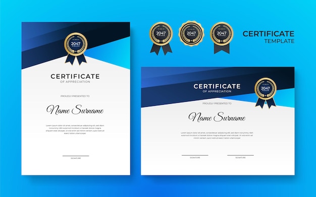 Blue and white gold certificate of achievement border template with luxury badge and modern line pattern. for award, business, design, appreciation, corporate, and education needs