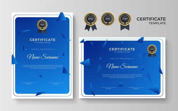 Blue and white gold certificate of achievement border template with luxury badge and modern line pattern. For award, business, and education needs