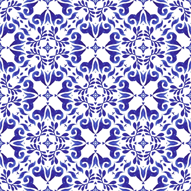 Vector blue and white hand drawn watercolor seamless ornamental watercolor paint pattern indigo ceramic tiles