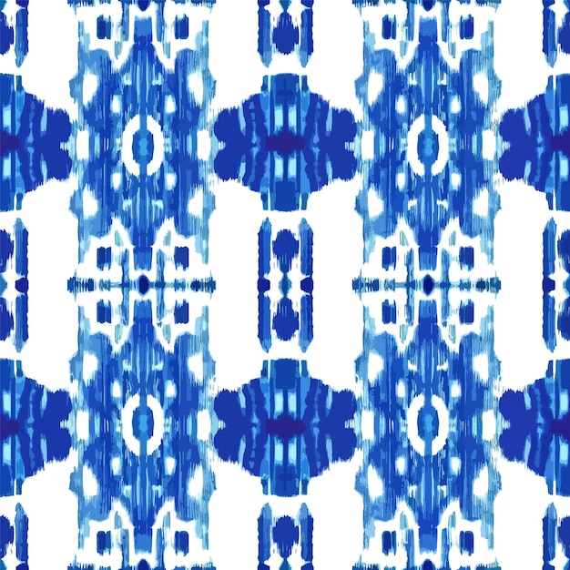 Vector blue and white ikat pattern on a white background.