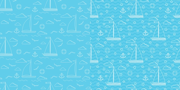 Vector blue and white line art vector seamless marine pattern set