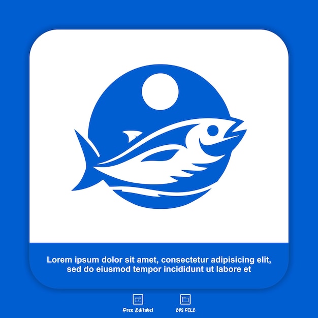 A blue and white logo with a fish swimming in it