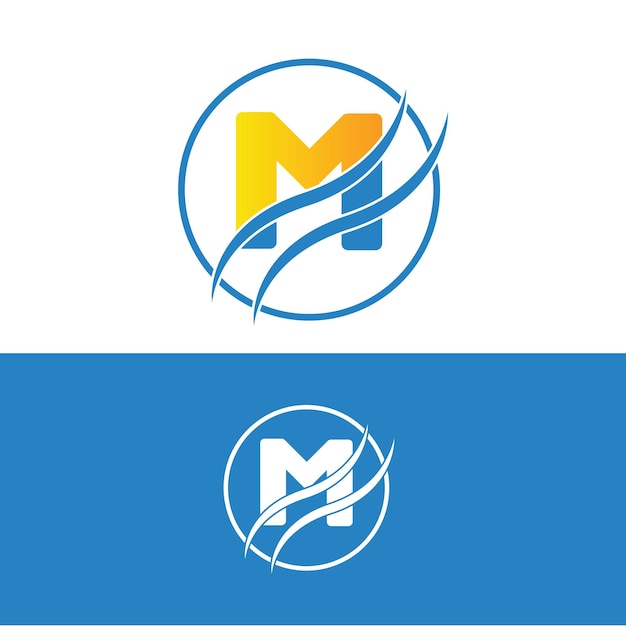 A blue and white logo with the letter m inside