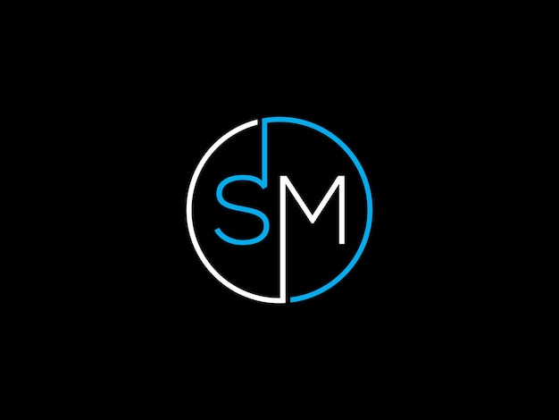 Vector blue and white logo with the letters sm and a black circle on a black background