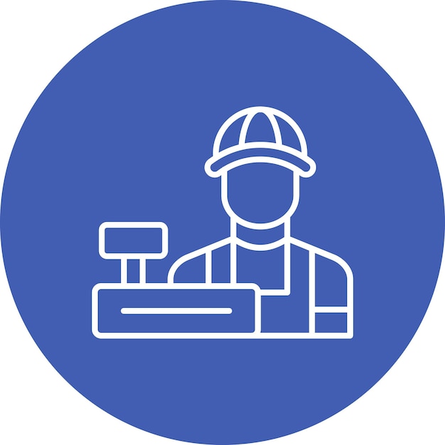 a blue and white logo with a man working on a box