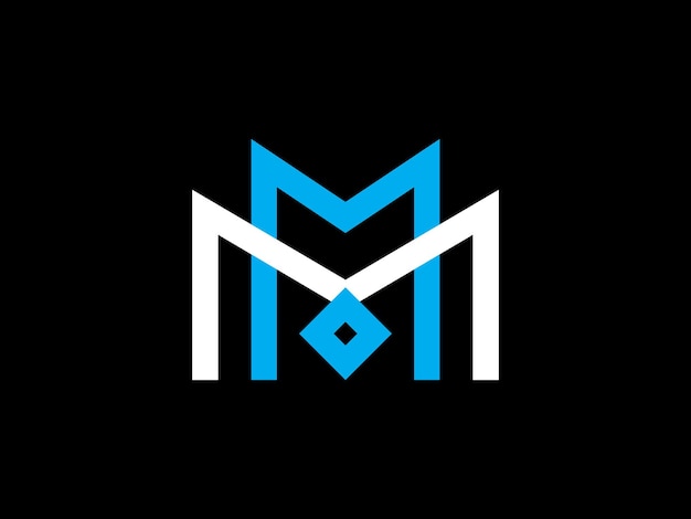 A blue and white m logo with a diamond shape on a black background