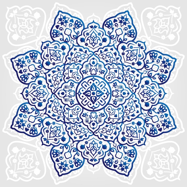 Mandala blu e bianco con motivo per bakground o arte islamica