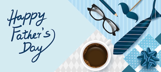 a blue and white paper with a pencil and a cup of coffee on it.