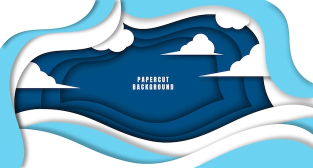 Vettore sfondo blu e bianco papercut con illustrazione di nuvole