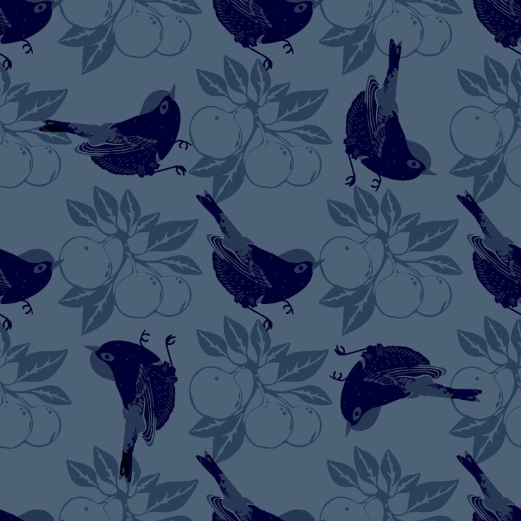 Vector a blue and white pattern of birds and fruit