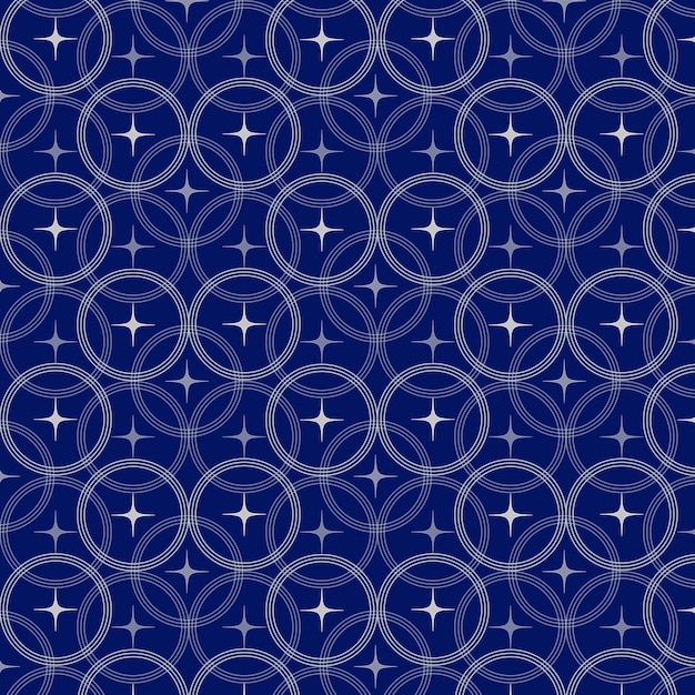 A blue and white pattern with circles and stars.