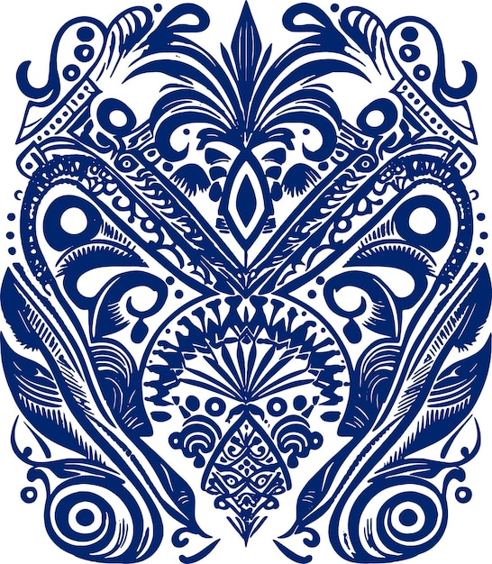 A blue and white pattern with a large flower and a large leaf.