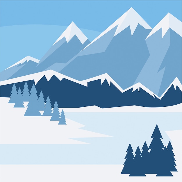 a blue and white picture of a mountain range with trees and mountains