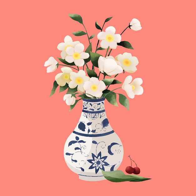 Blue And White Porcelain Vase Filled With Flowers And A Cherry Next To It