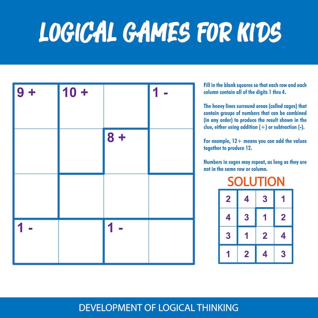 A blue and white poster that says " logical games for kids ".