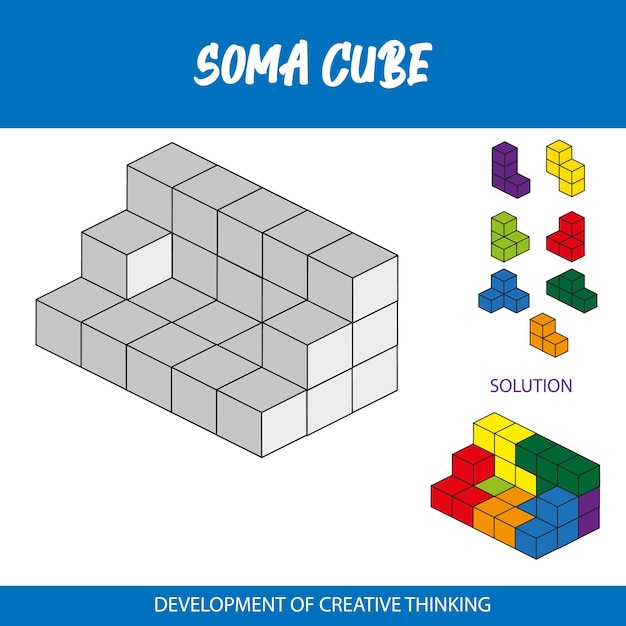 A blue and white poster that says soma cube.