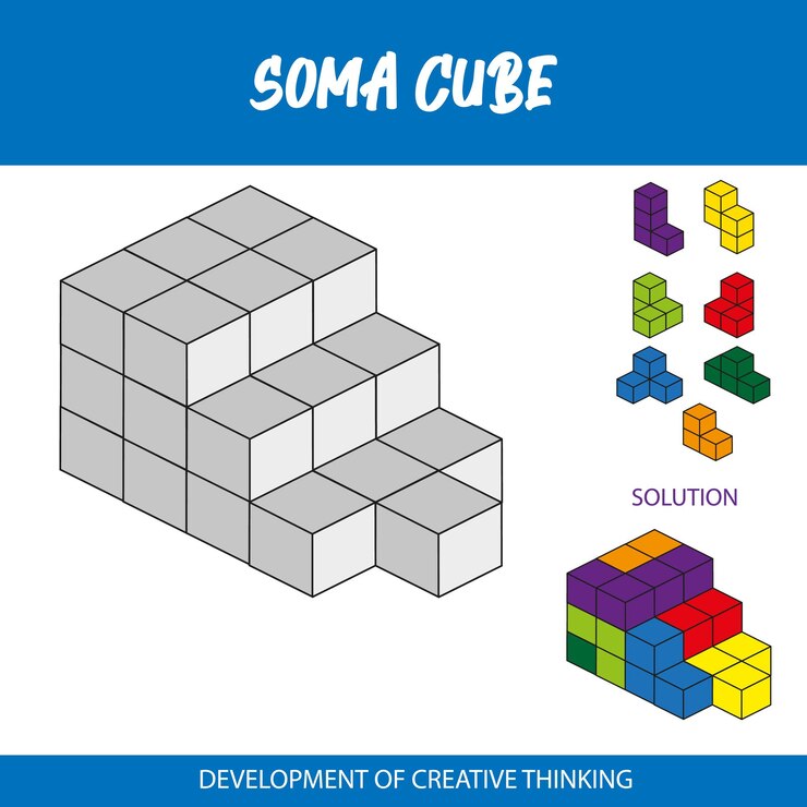 Vector a blue and white poster that says soma cube.