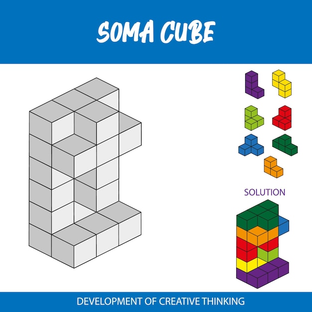 A blue and white poster that says soma cube.