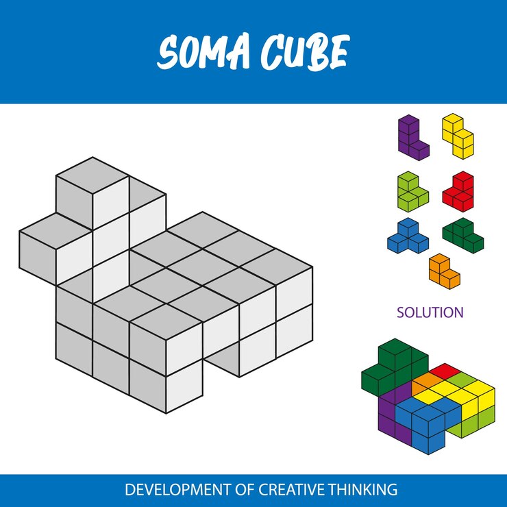Vector a blue and white poster that says soma cube.