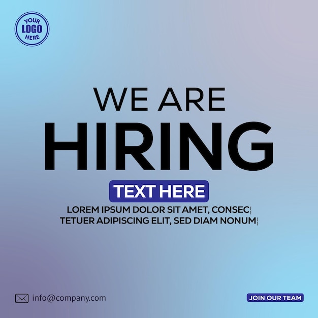 A blue and white poster that says we are hiring